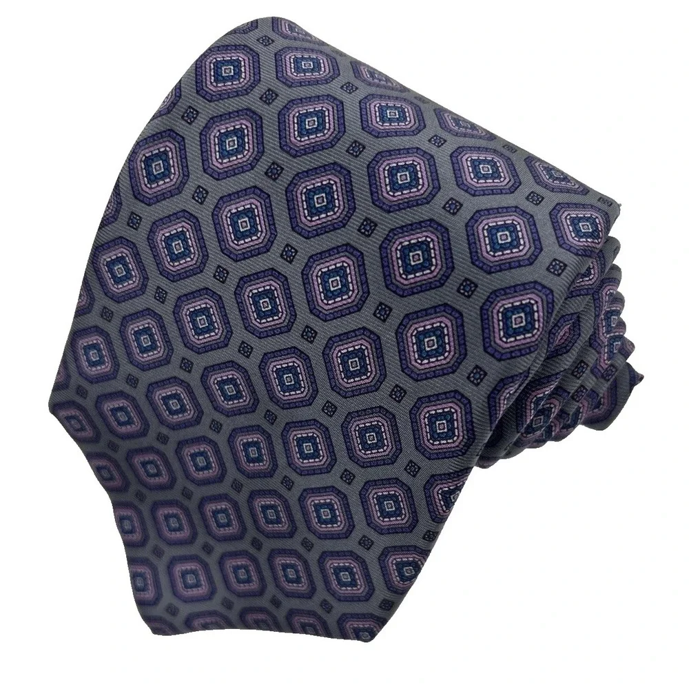 Oakton Ltd Men's 100% Silk Neck Tie, Geometric Purple, Pink, Blue On Gray Formal